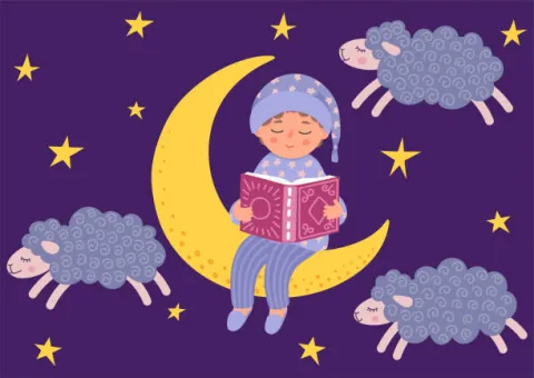 Child reading a book on the moon at night time.