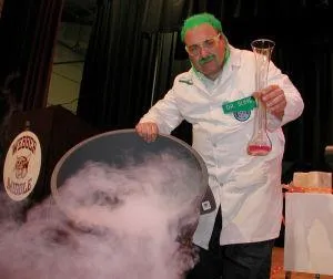 Green haired scientist with an experiment.  
