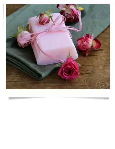 Wrapped bar of soap with flowers.