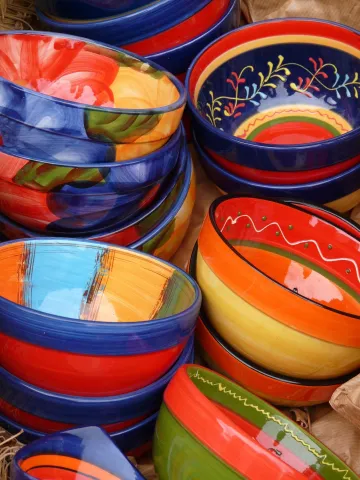 Brightly colored pottery pieces.