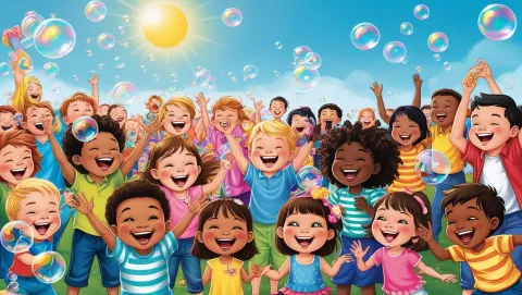 A group of children enjoying a bubble party out in the sunshine. 