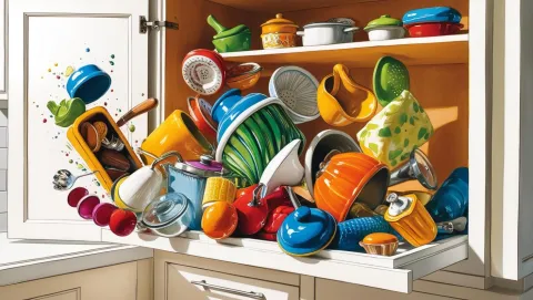 Clutter of things on a counter top and falling out of cupboards.