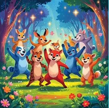 Animals dancing in the forest. 