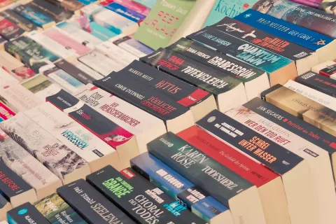 Books for sale on a table.